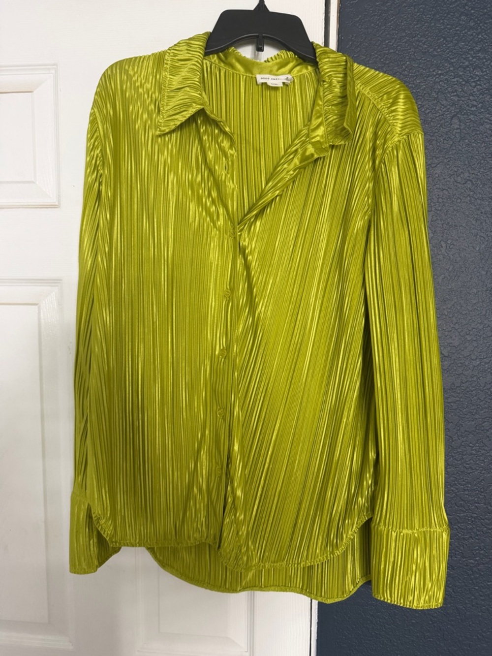 Good American Pleated Button-Down Shirt in Chartreuse
